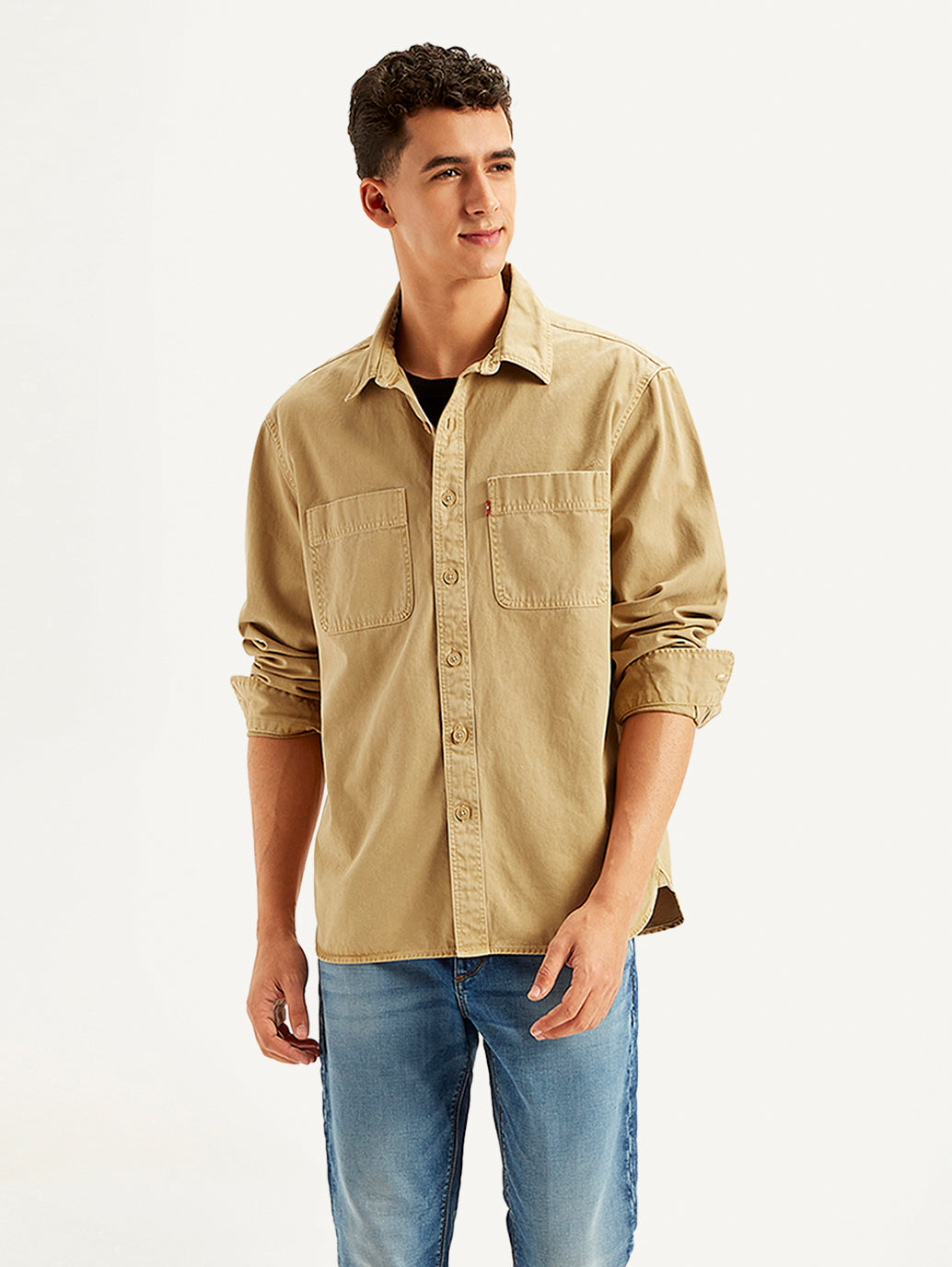 Men's Solid Straight Fit Denim Shirt - Front View