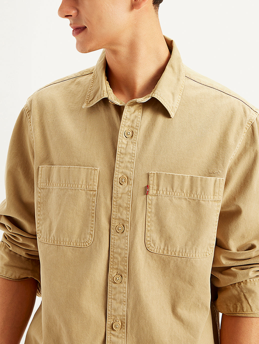 Men's Solid Straight Fit Denim Shirt - Detail View