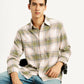 Men's Plaid Khaki Spread Collar Flannel Shirt - Elevated View