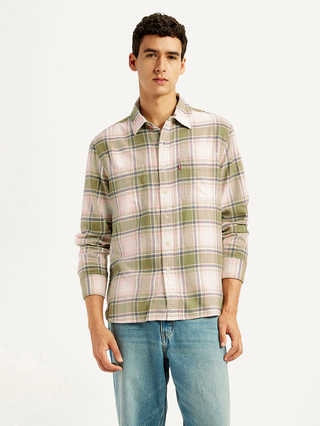 Men's Plaid Khaki Spread Collar Flannel Shirt - Styleshot View