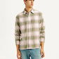 Men's Plaid Khaki Spread Collar Flannel Shirt - Front View