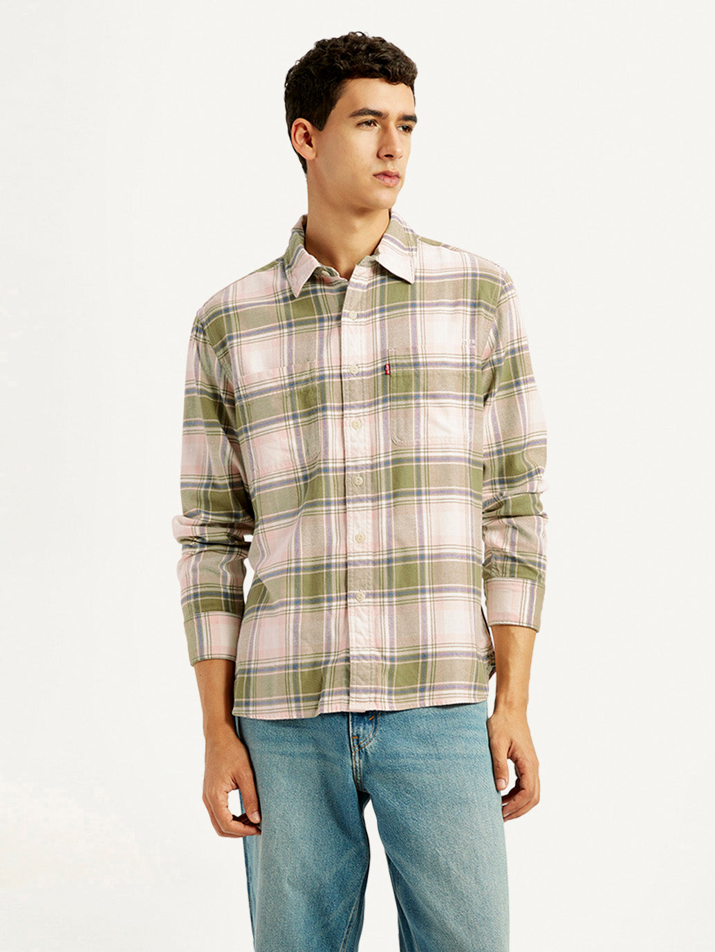 Men's Plaid Khaki Spread Collar Flannel Shirt - Front View