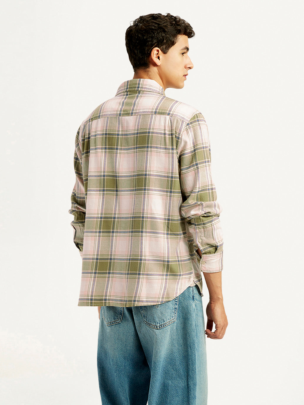 Men's Plaid Khaki Spread Collar Flannel Shirt - Back View