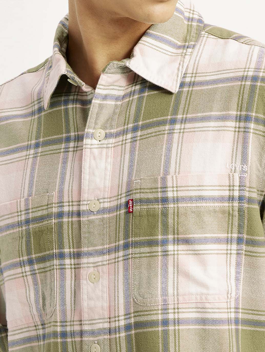 Men's Plaid Khaki Spread Collar Flannel Shirt - Detail View