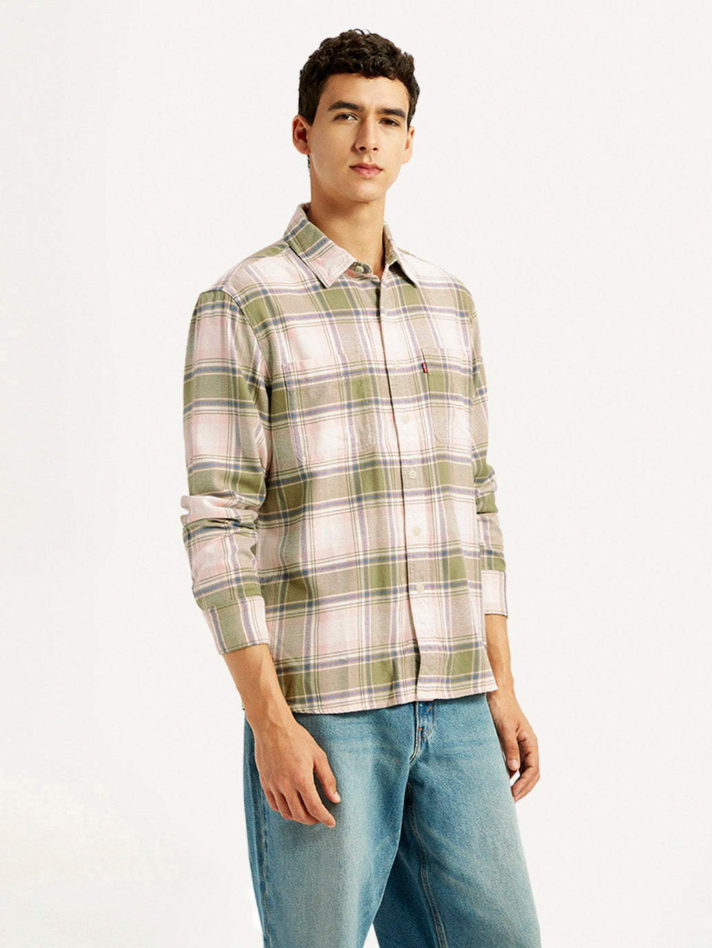 Men's Plaid Khaki Spread Collar Flannel Shirt - Side View