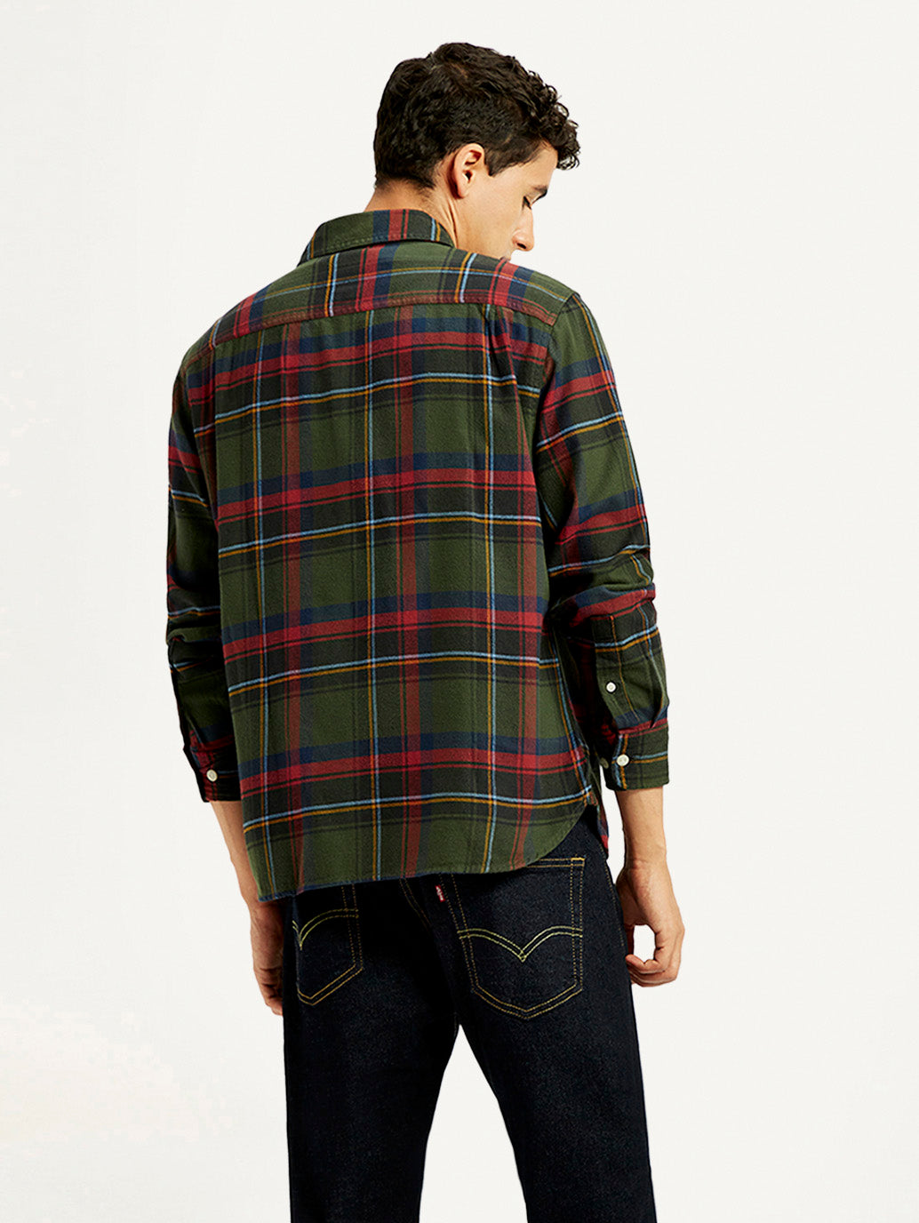 Men's Plaid Multicolor Spread Collar Flannel Shirt - Back View
