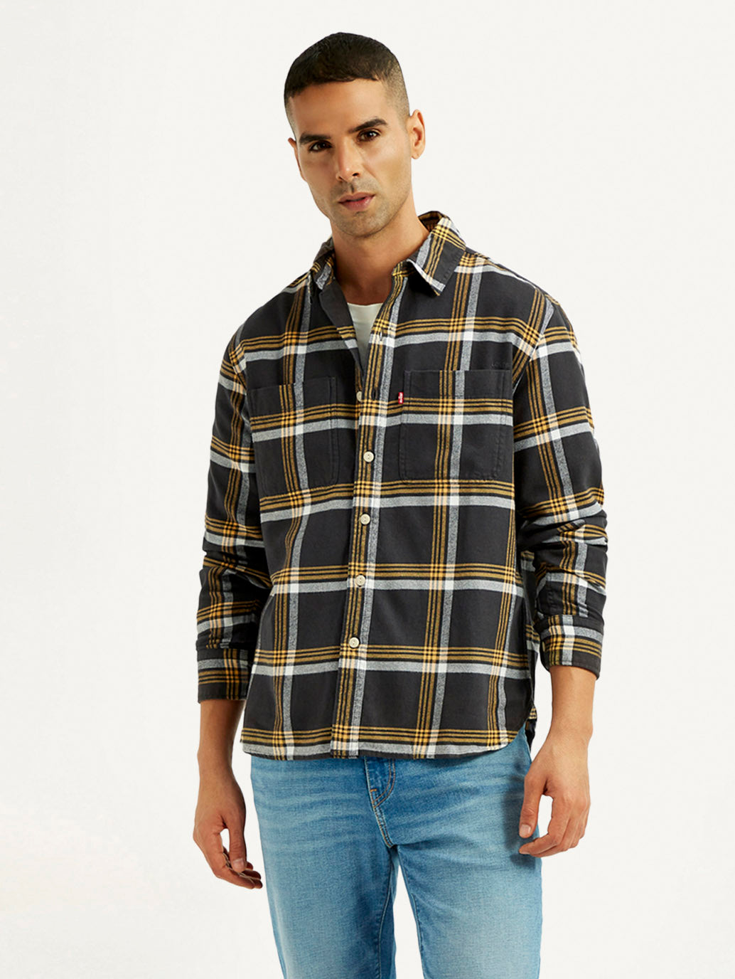 Men's Flannel Checkered Multi Color Spread Collar Shirt - Styleshot View