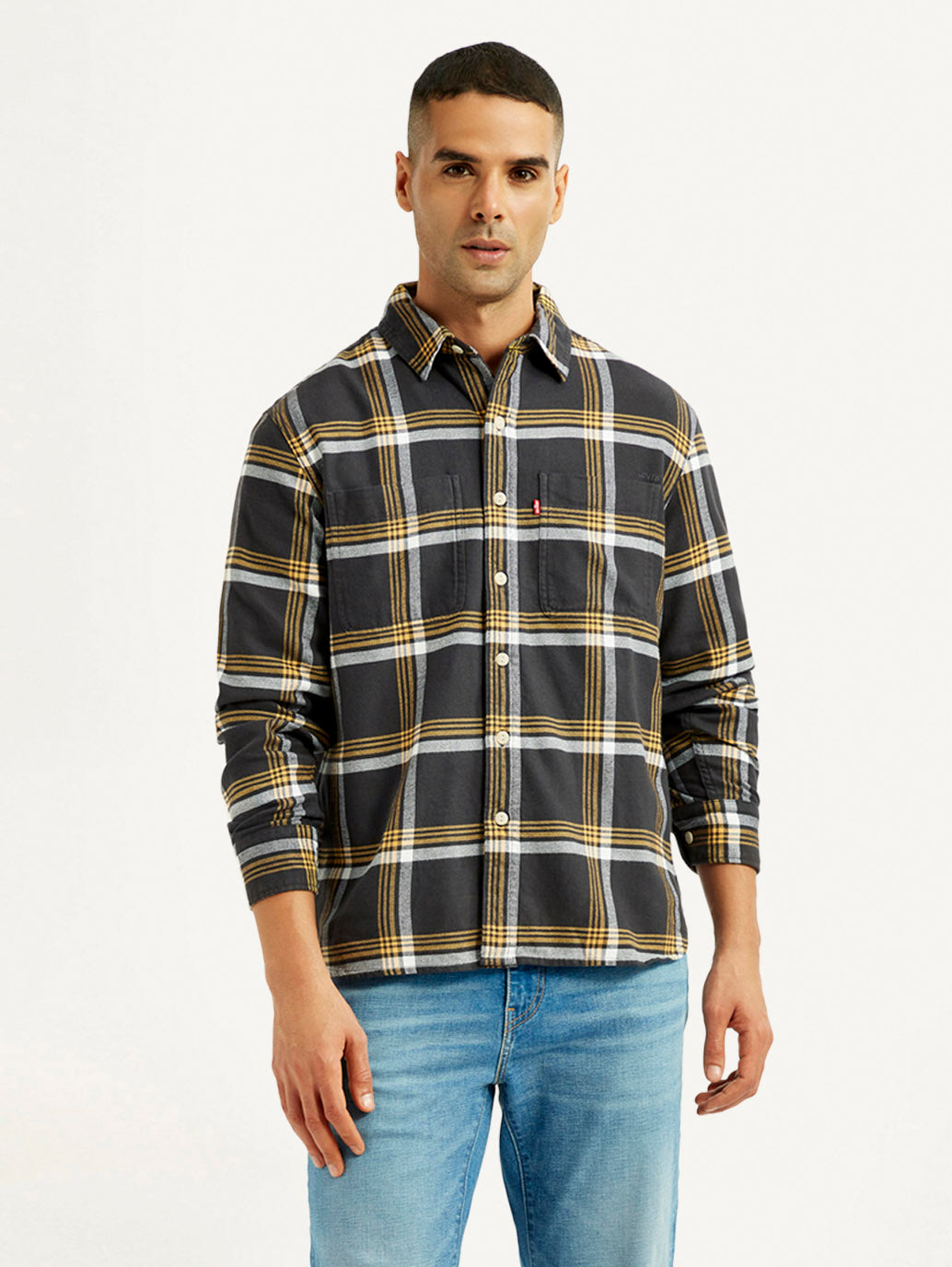 Men's Flannel Checkered Multi Color Spread Collar Shirt - Front View