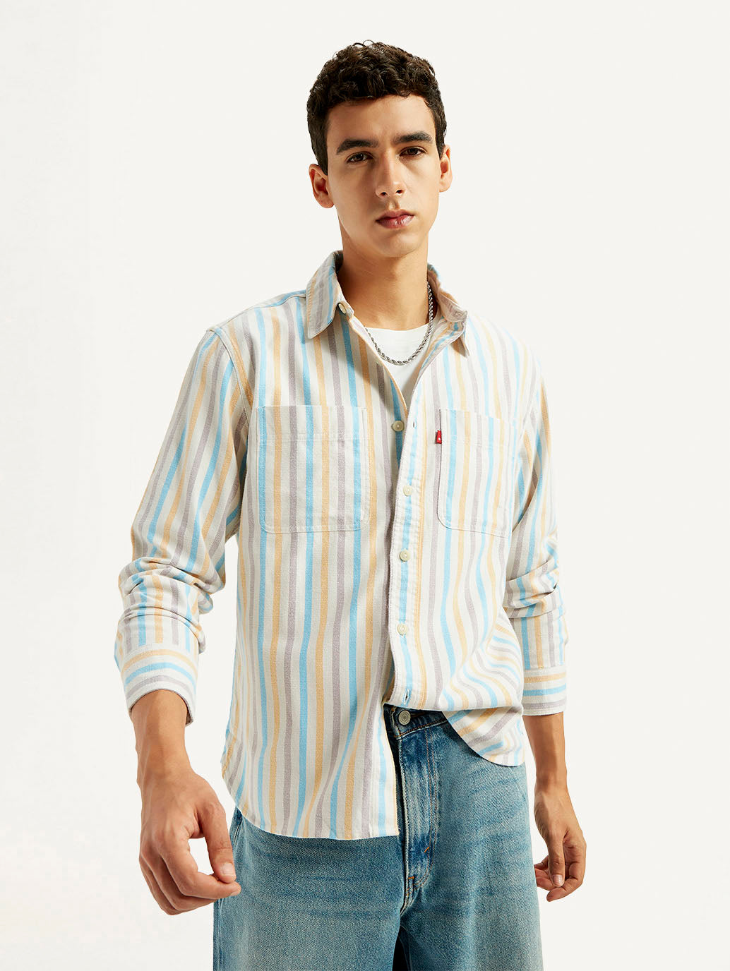 Men's Striped Multi Color Spread Collar Flannel Shirt - Elevated View