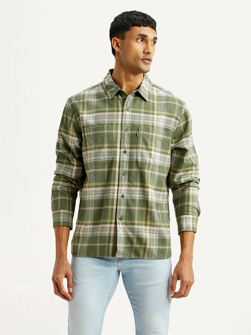 Men's Checkered Olive Relaxed Fit Shirt - Front View