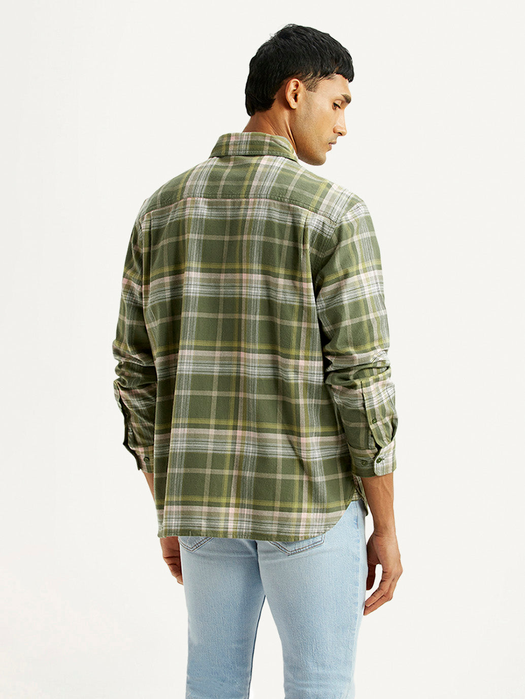 Men's Checkered Olive Relaxed Fit Shirt - Back View