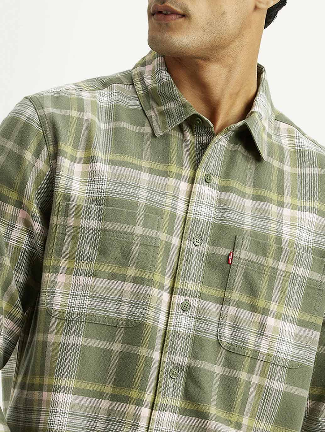 Men's Checkered Olive Relaxed Fit Shirt - Detail View