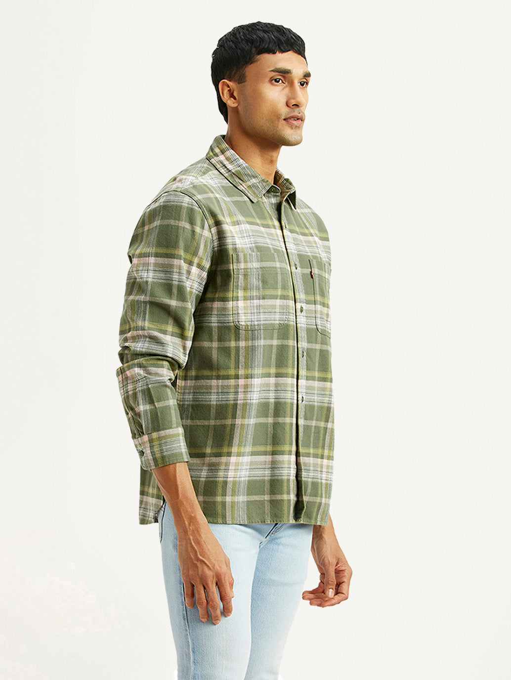 Men's Checkered Olive Relaxed Fit Shirt - Side View