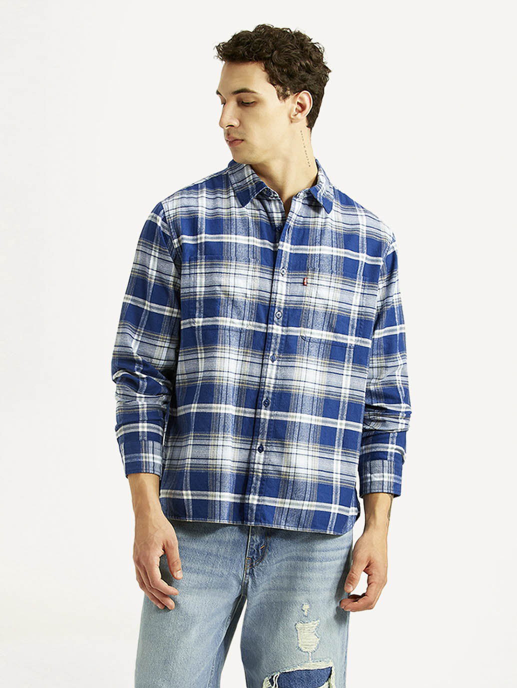 Men's Checkered Blue Relaxed Fit Shirt - Styleshot View