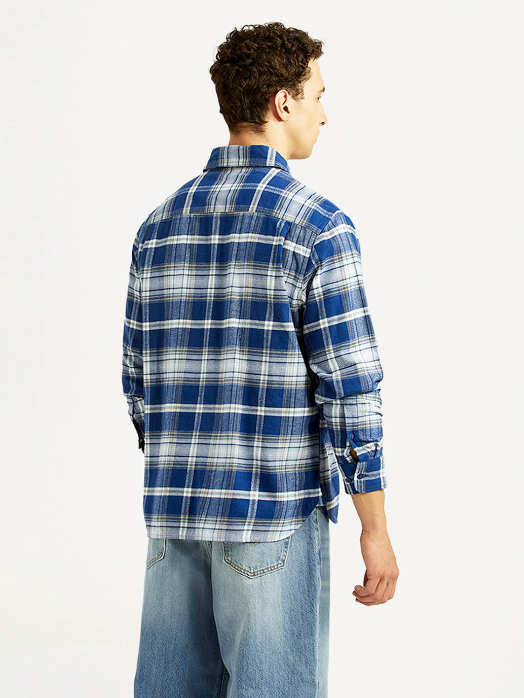 Men's Checkered Blue Relaxed Fit Shirt - Back View
