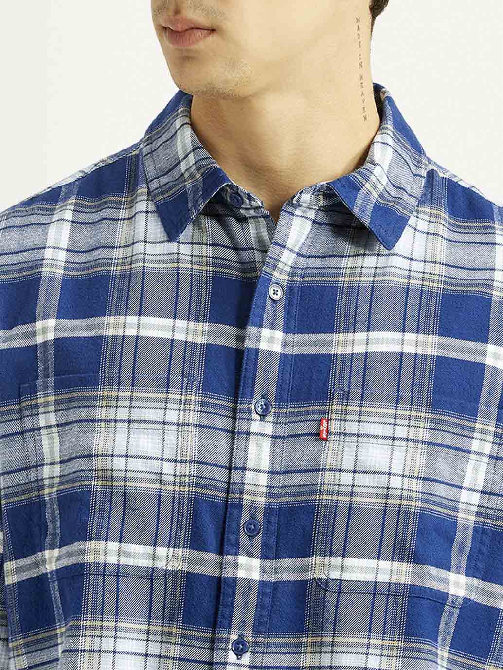 Men's Checkered Blue Relaxed Fit Shirt - Detail View