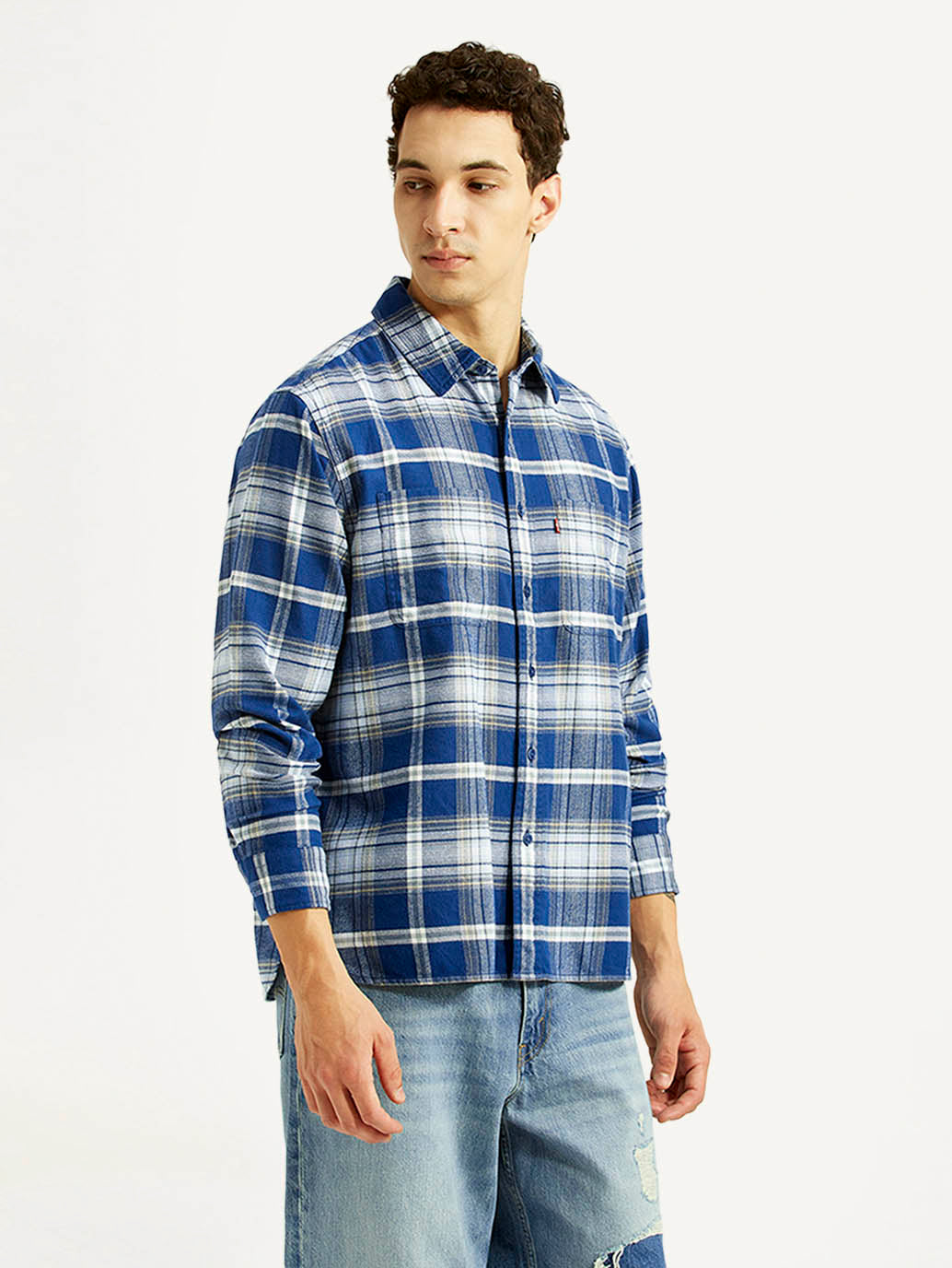 Men's Checkered Blue Relaxed Fit Shirt - Side View