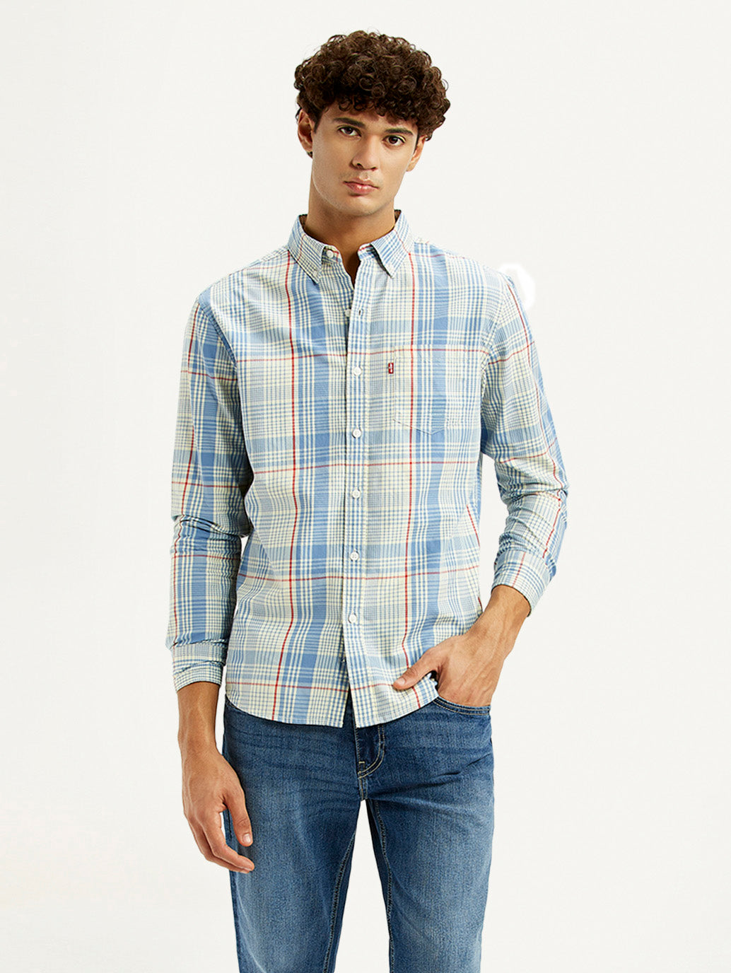 Men's Checkered Light Blue Slim Fit Shirt - Styleshot View