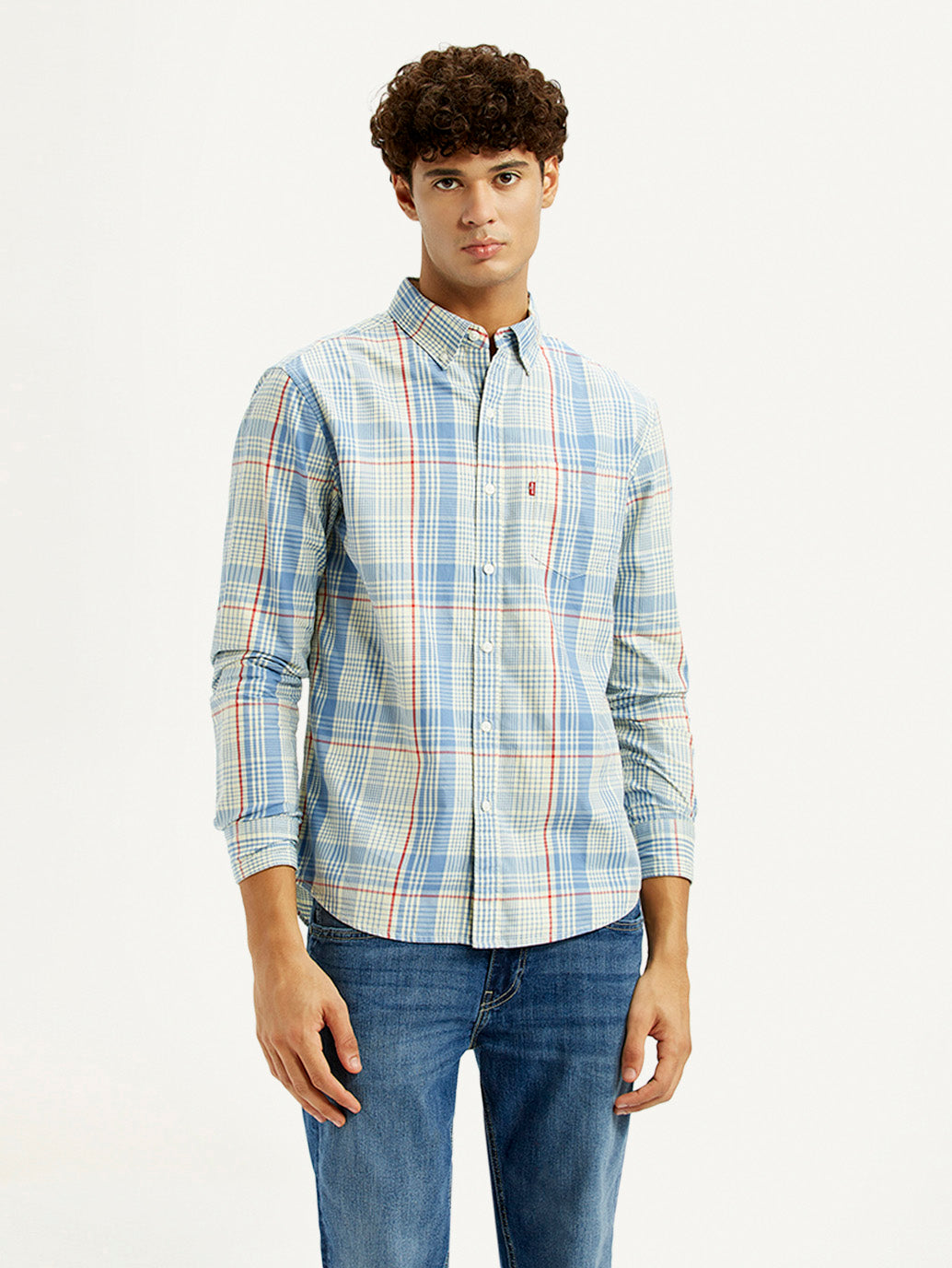 Men's Checkered Light Blue Slim Fit Shirt - Front View