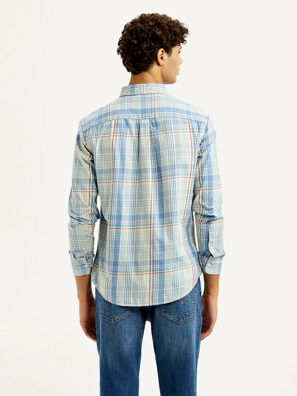 Men's Checkered Light Blue Slim Fit Shirt - Back View