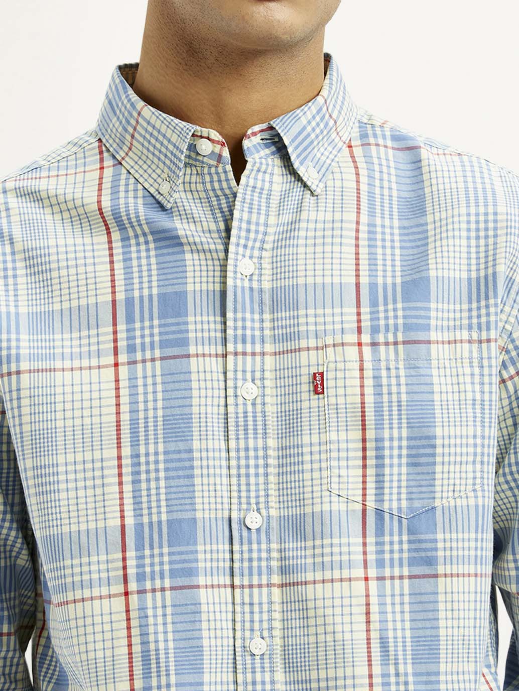Men's Checkered Light Blue Slim Fit Shirt - Detail View