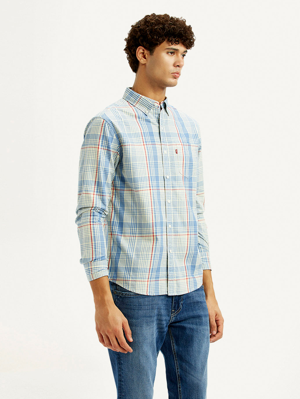 Men's Checkered Light Blue Slim Fit Shirt - Side View