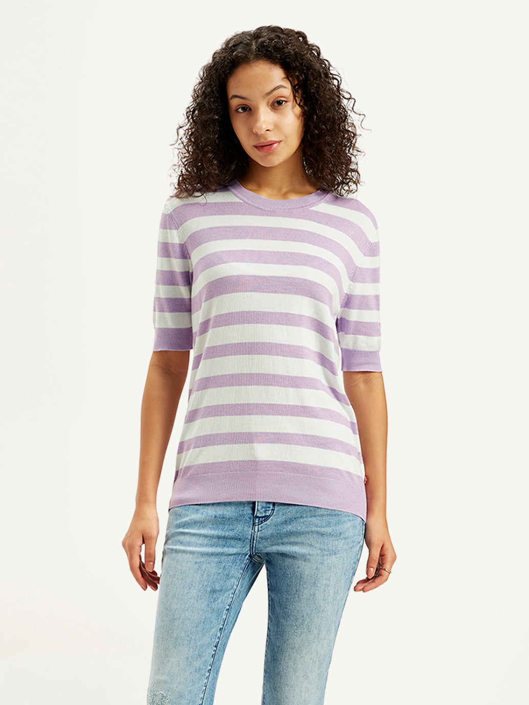 Women's Striped Lavender Crew Neck Sweater