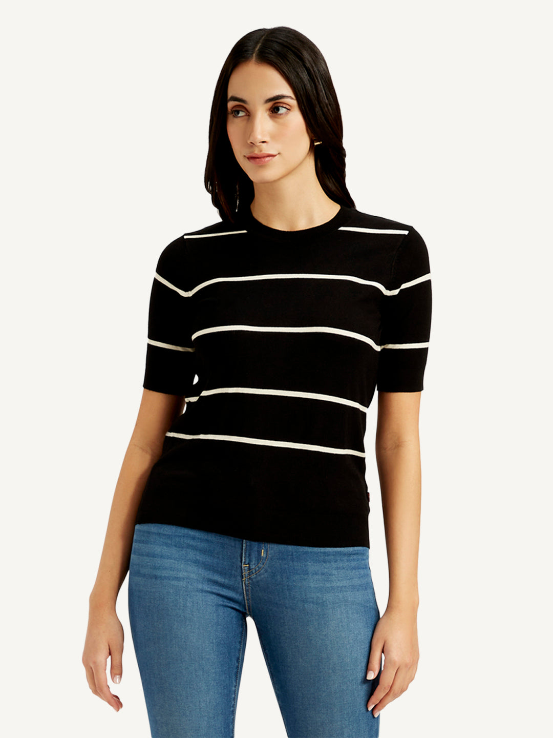 Women's Striped Black Crew Neck Top