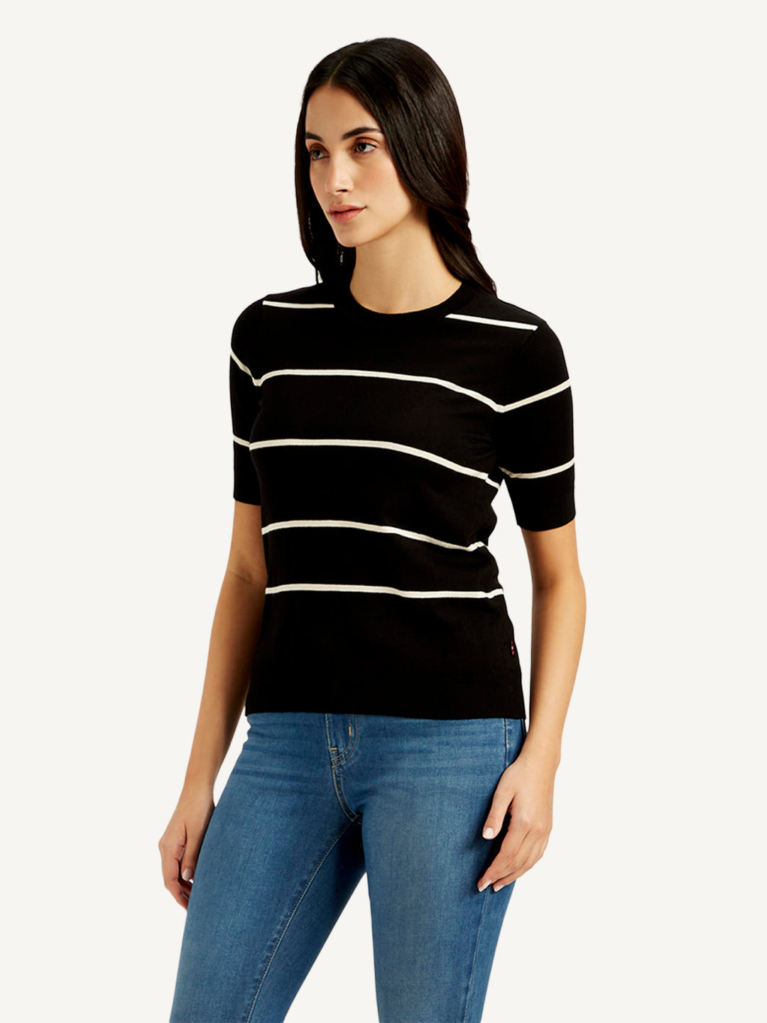 Women's Striped Black Crew Neck Top