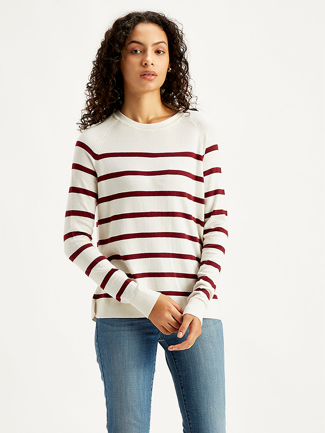 Women's Striped White Crew Neck Sweater