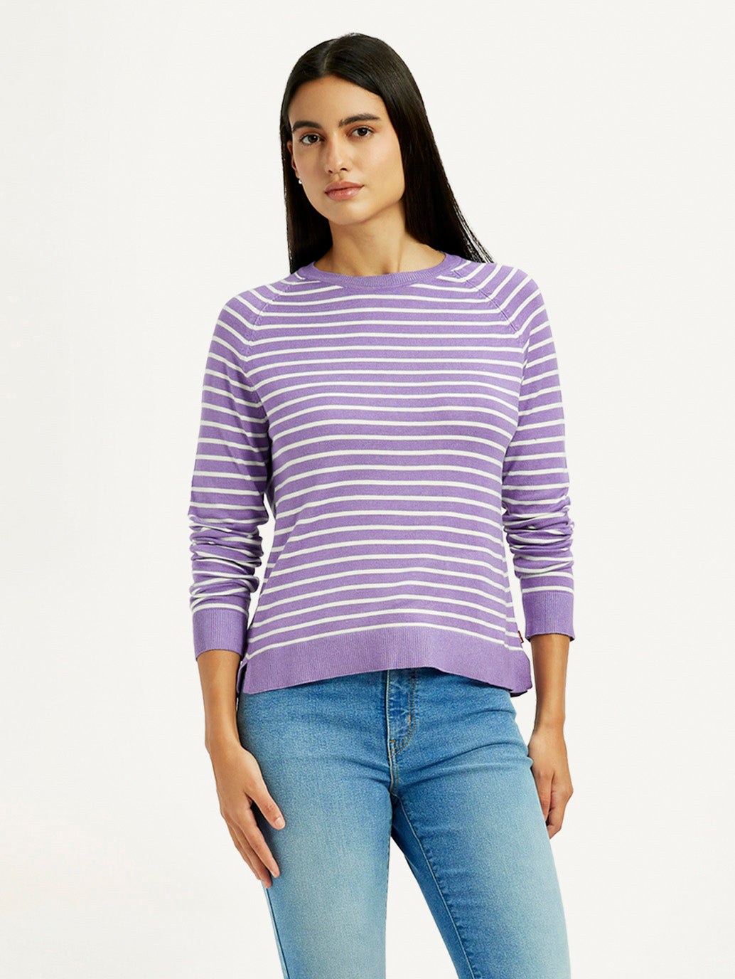 Women's Striped Lavender Crew Neck T-shirt - Styleshot View