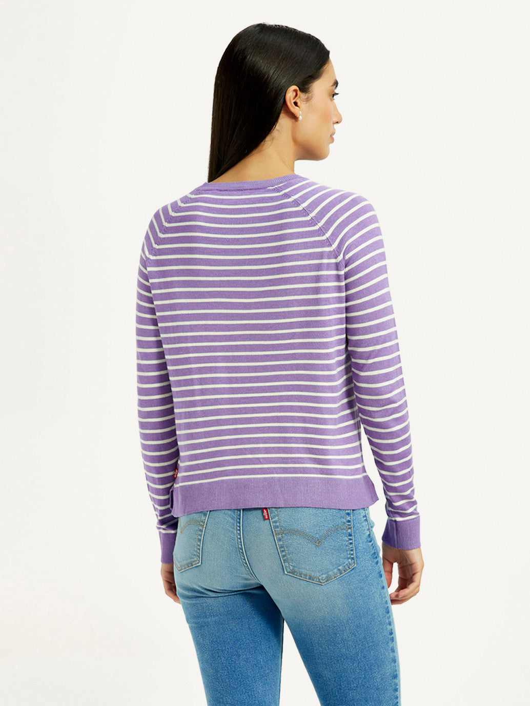 Women's Striped Lavender Crew Neck T-shirt - Back View