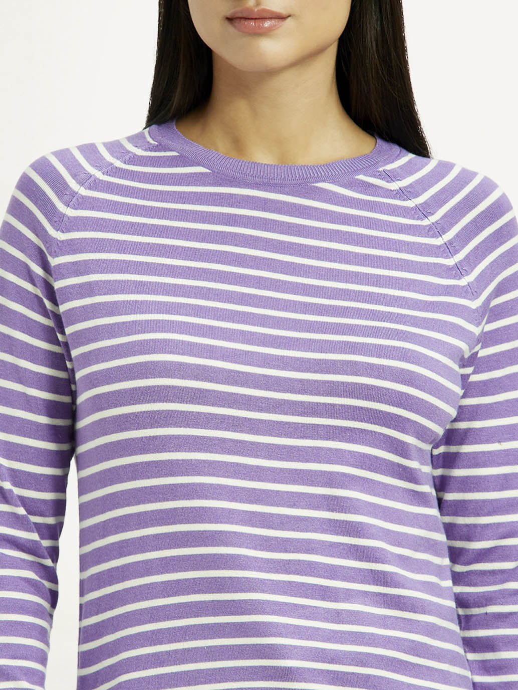 Women's Striped Lavender Crew Neck T-shirt - Detail View