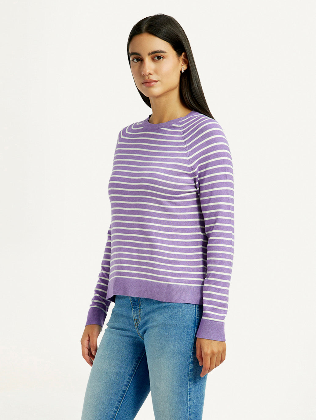 Women's Striped Lavender Crew Neck T-shirt - Side View