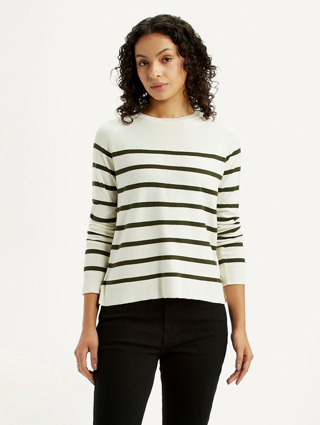 Women's Striped Off White Crew Neck T-shirt - Styleshot View