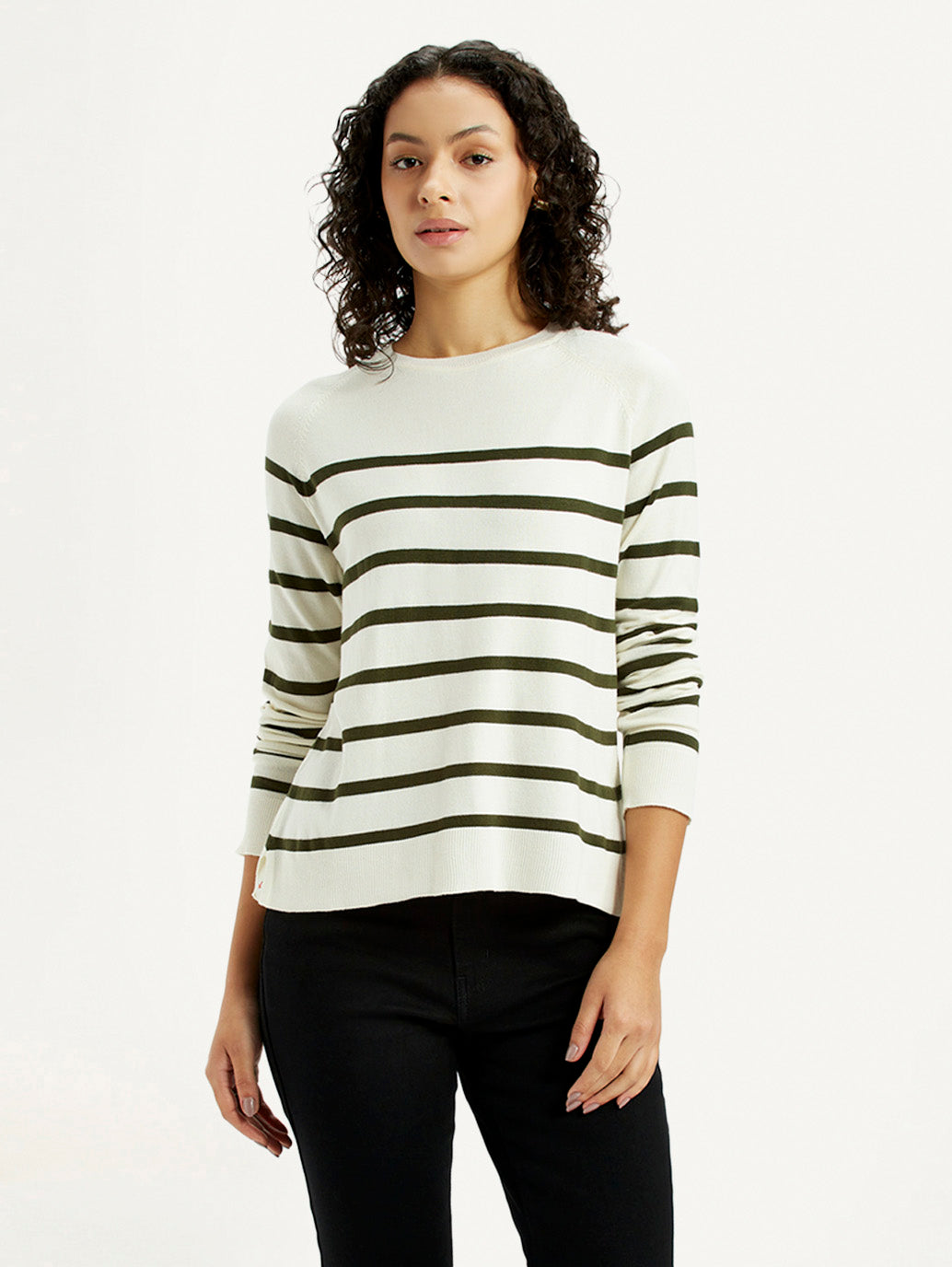 Women's Striped Off White Crew Neck T-shirt - Front View