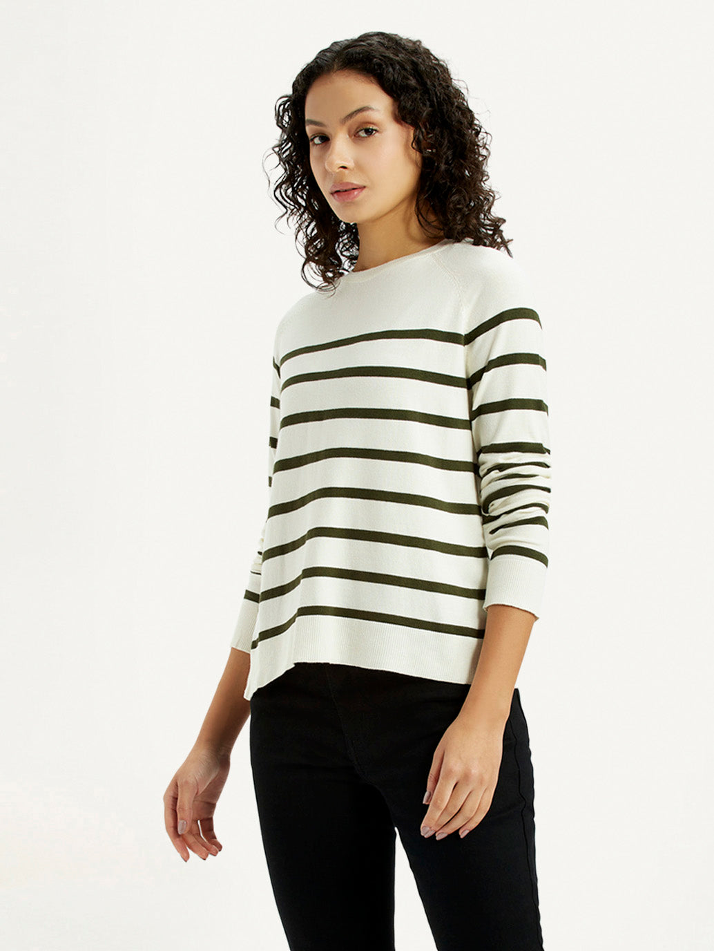 Women's Striped Off White Crew Neck T-shirt - Side View