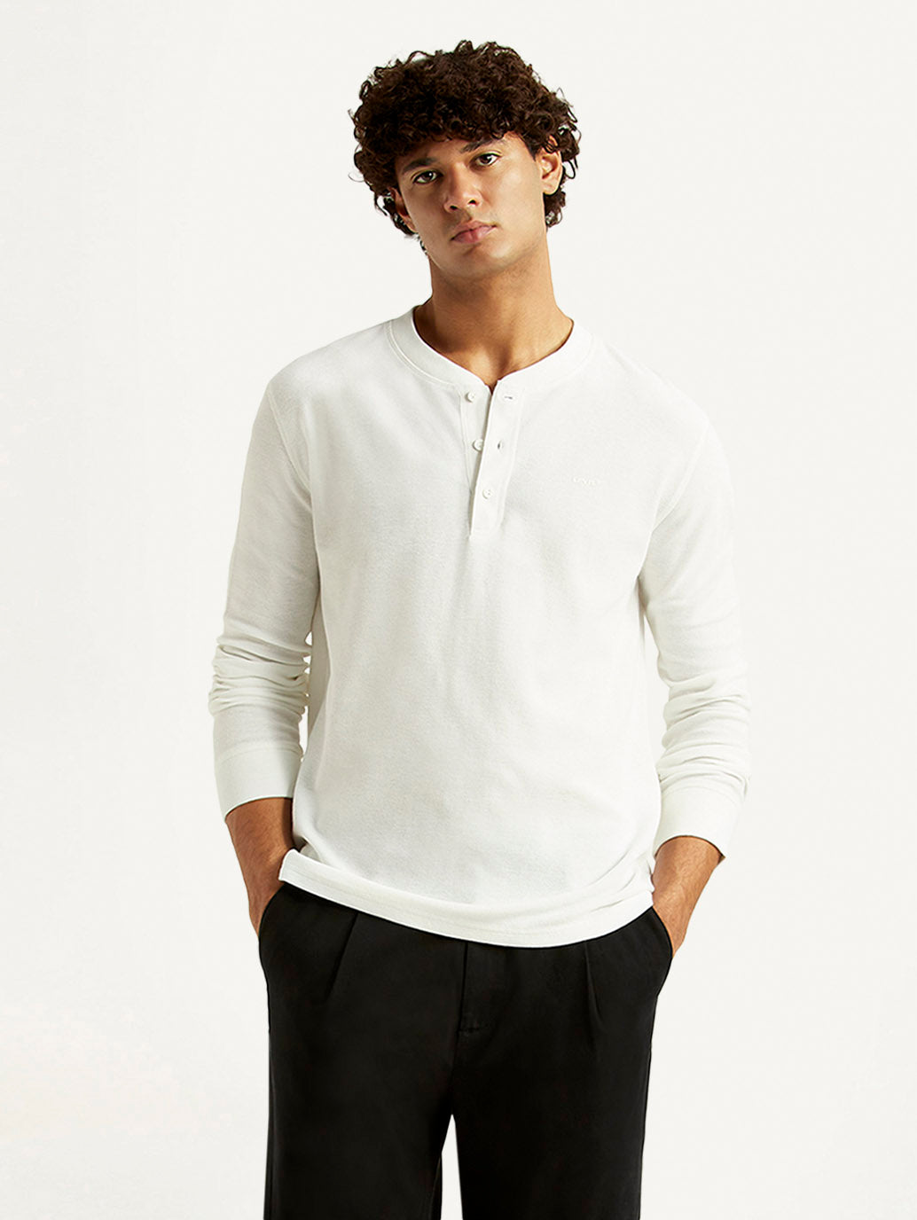 Men's Solid White Henley Neck T-shirt - Styleshot View