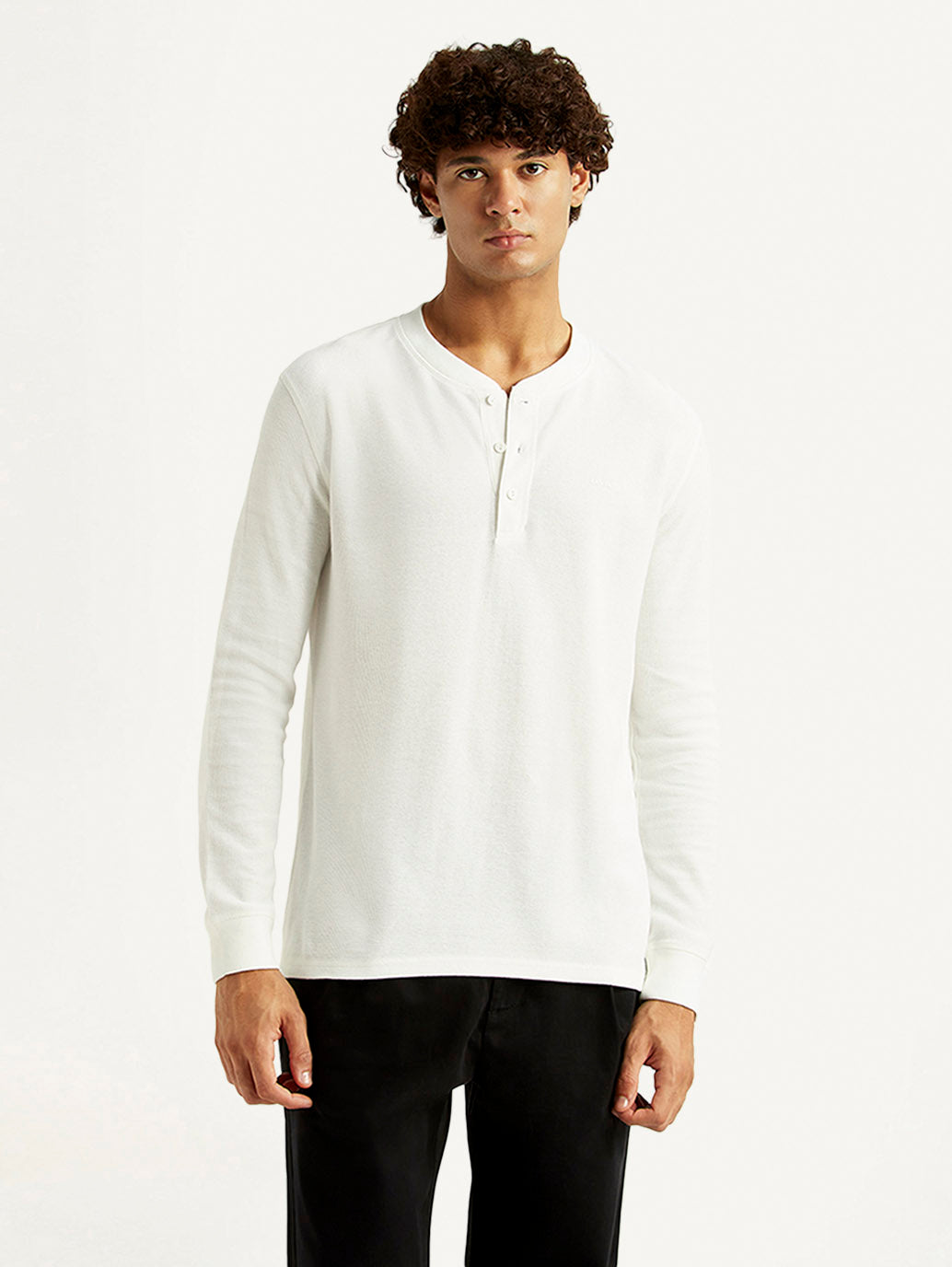 Men's Solid White Henley Neck T-shirt - Front View