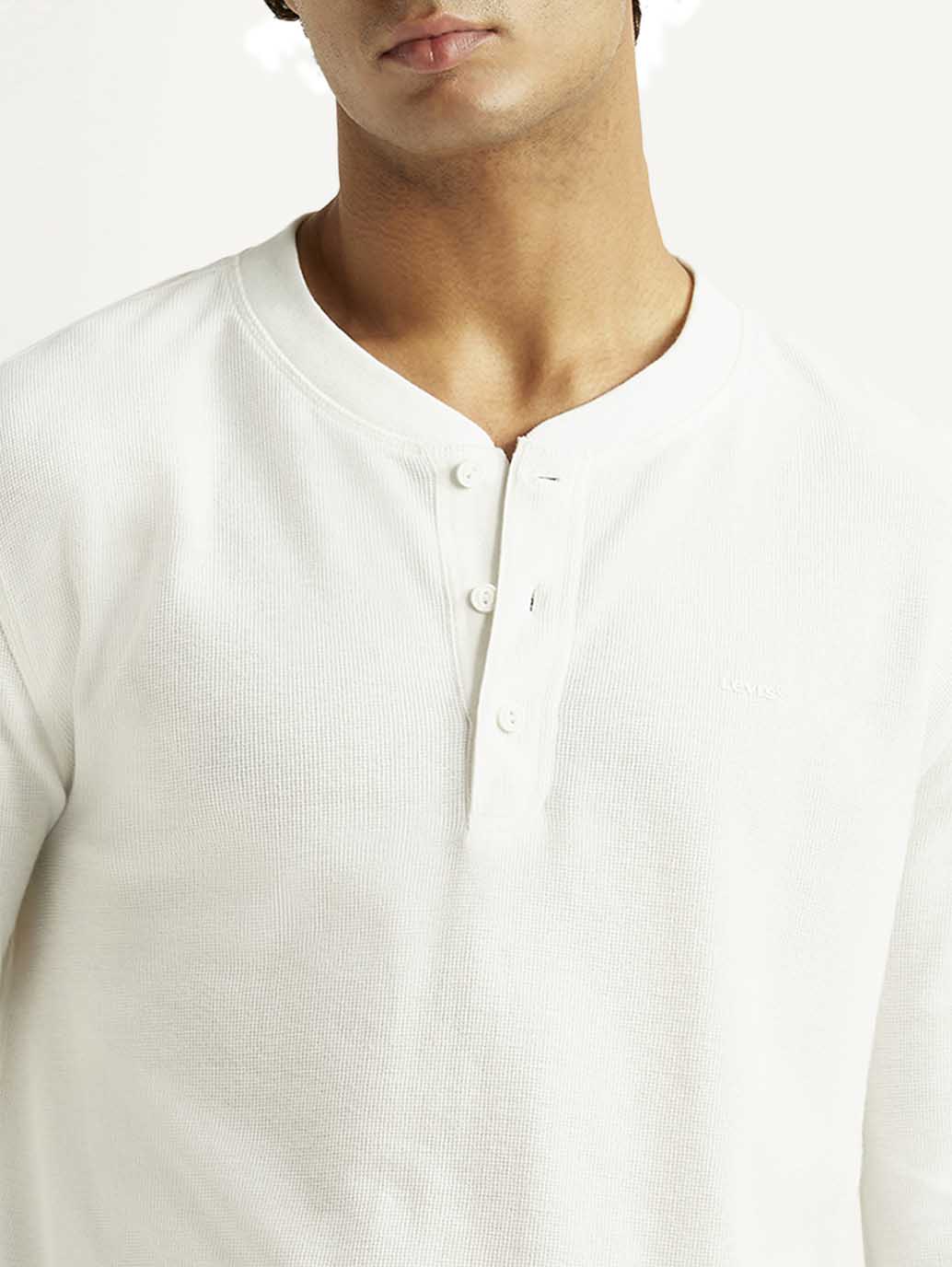 Men's Solid White Henley Neck T-shirt - Detail View