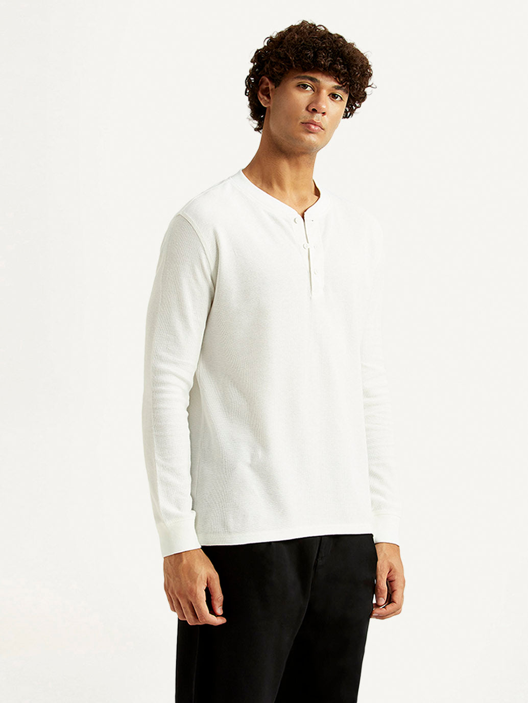 Men's Solid White Henley Neck T-shirt - Side View