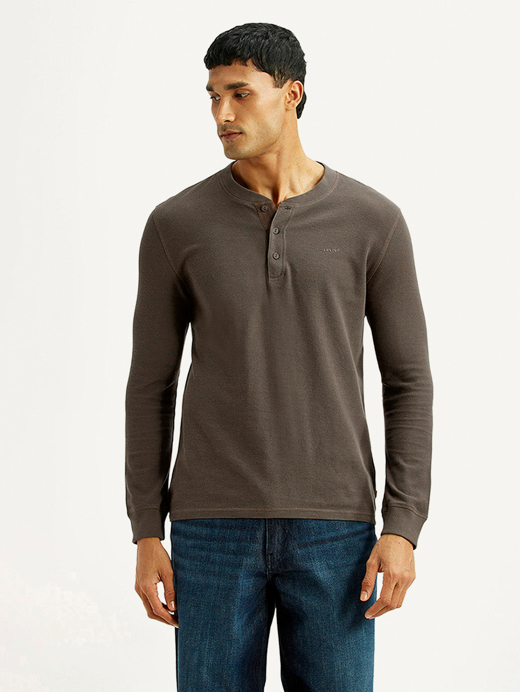Men's Solid Brown Henley Neck T-shirt - Front View