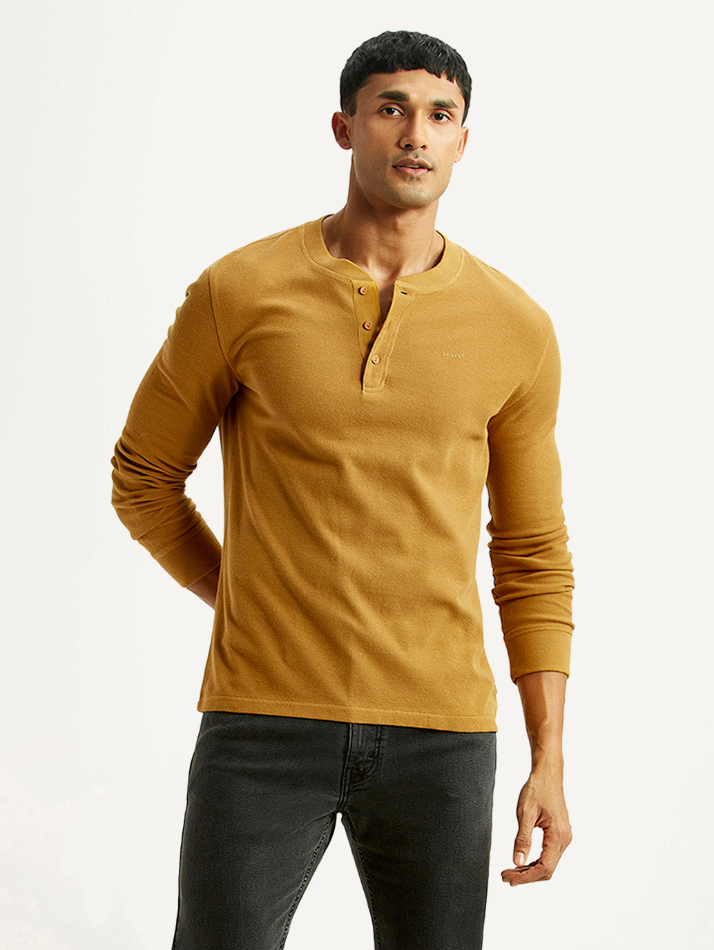 Men's Solid Mustard Henley Neck T-shirt