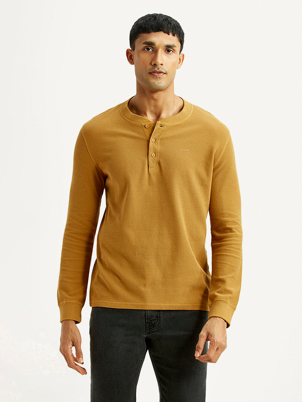 Men's Solid Mustard Henley Neck T-shirt - Front View