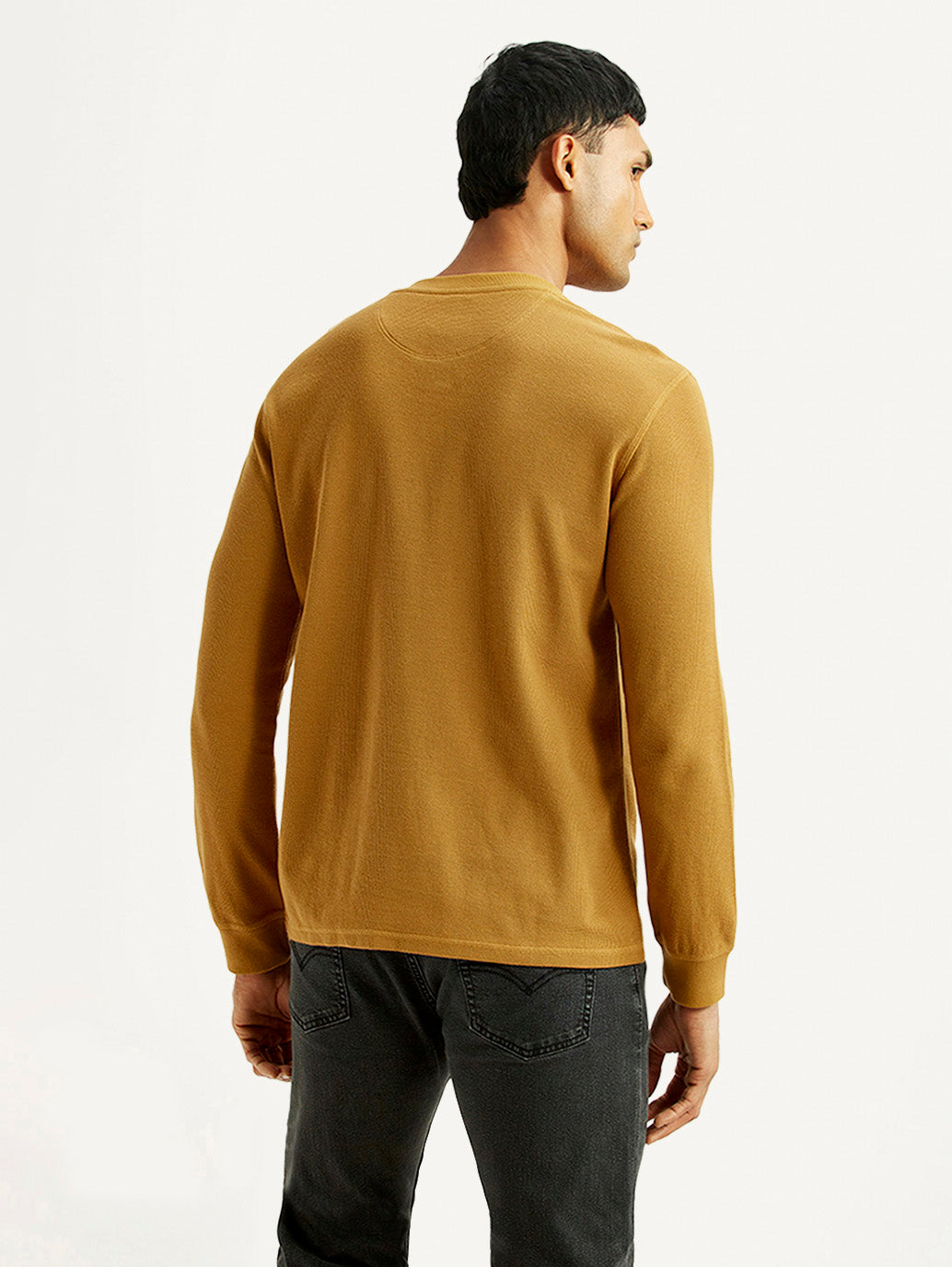 Men's Solid Mustard Henley Neck T-shirt - Back View