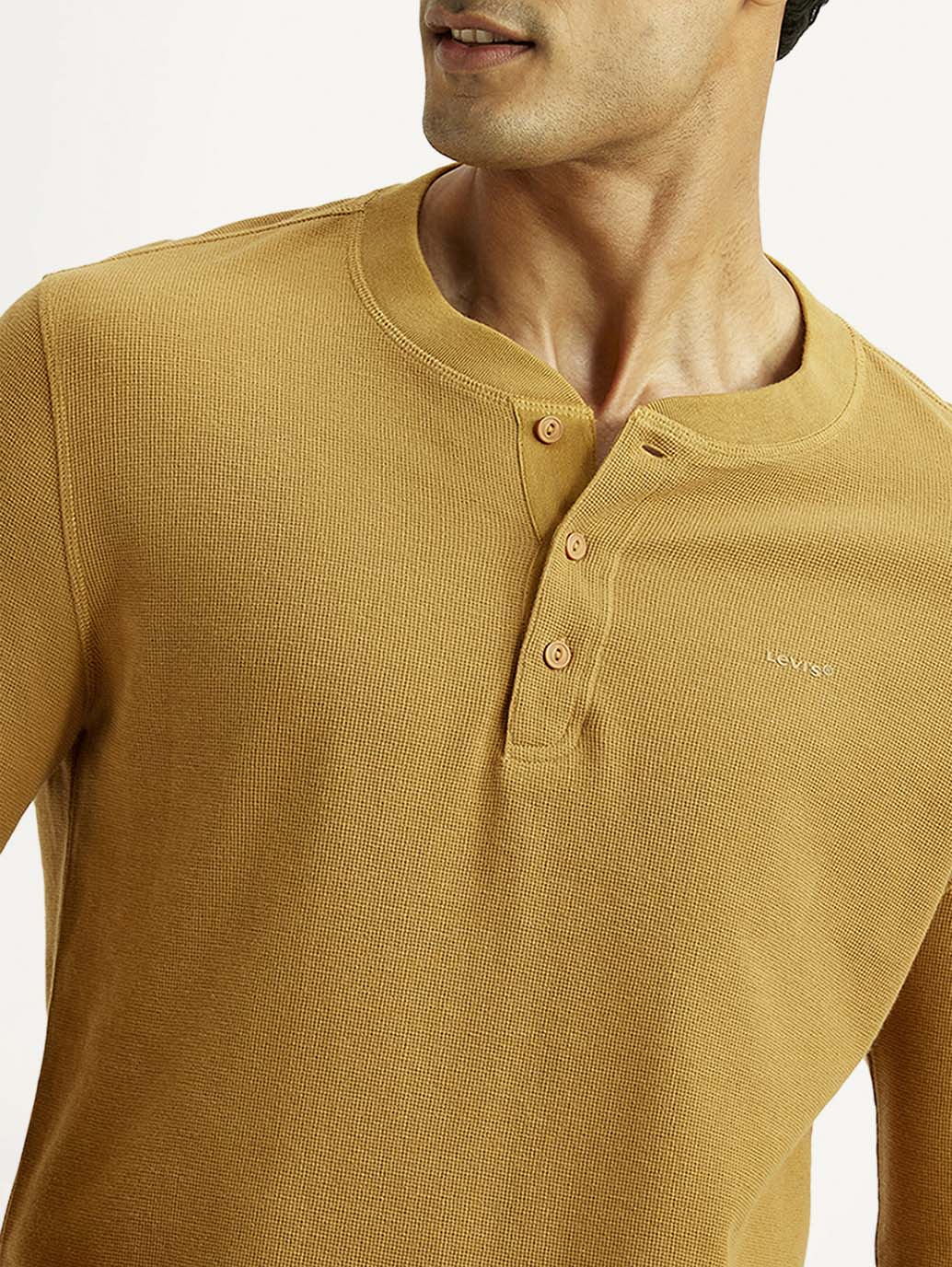 Men's Solid Mustard Henley Neck T-shirt - Detail View