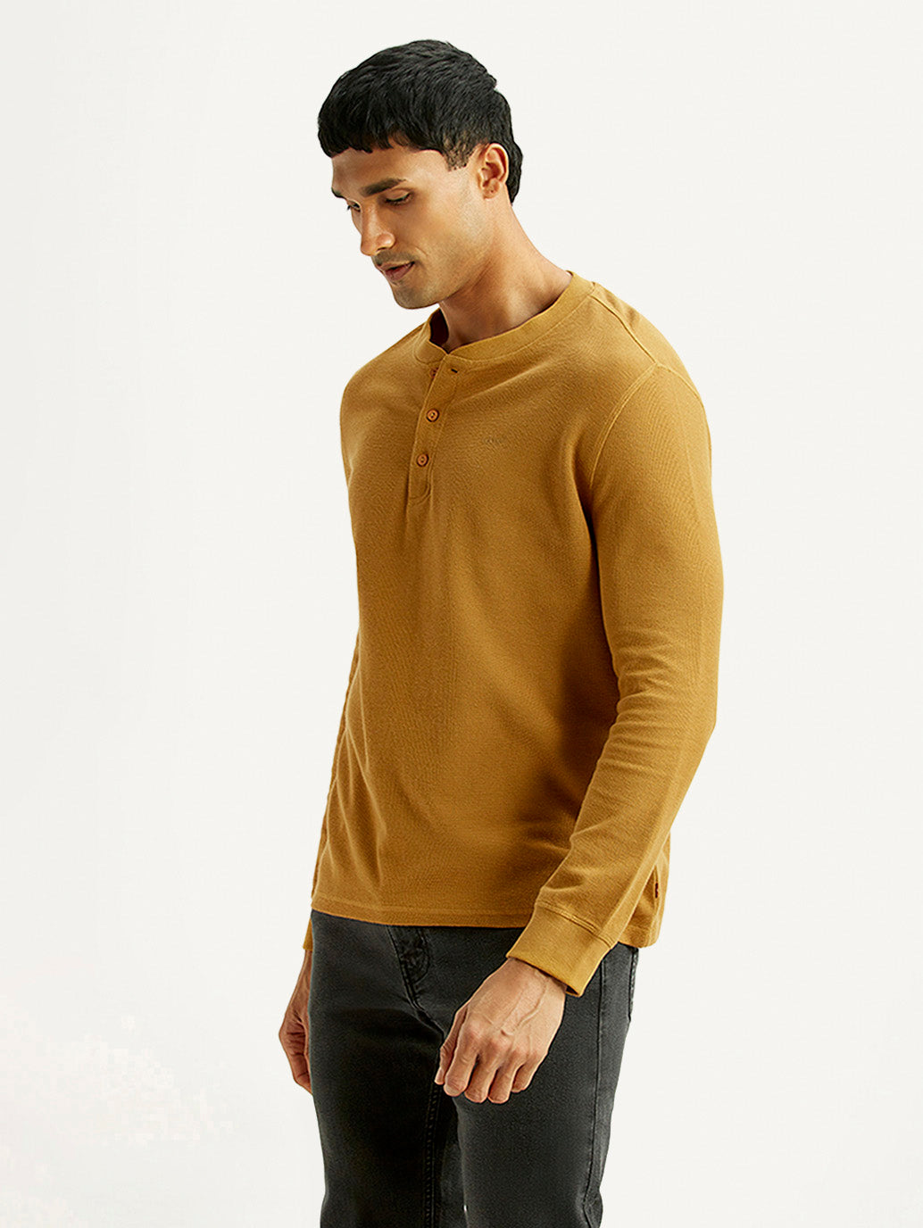 Men's Solid Mustard Henley Neck T-shirt - Side View