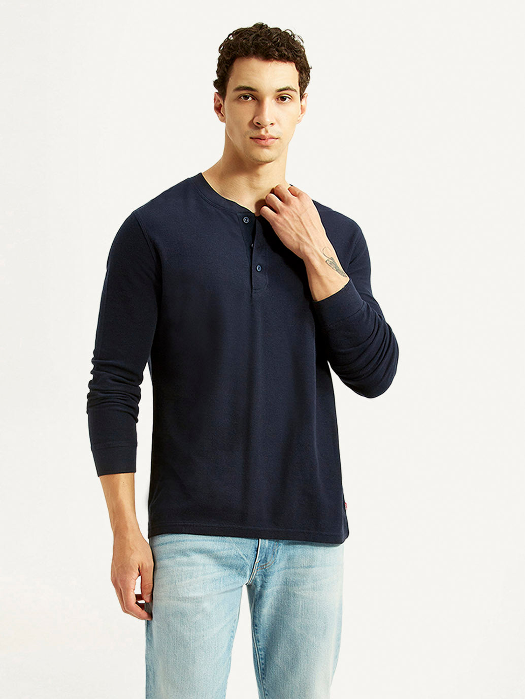 Men's Solid Navy Henley Neck T-shirt - Styleshot View