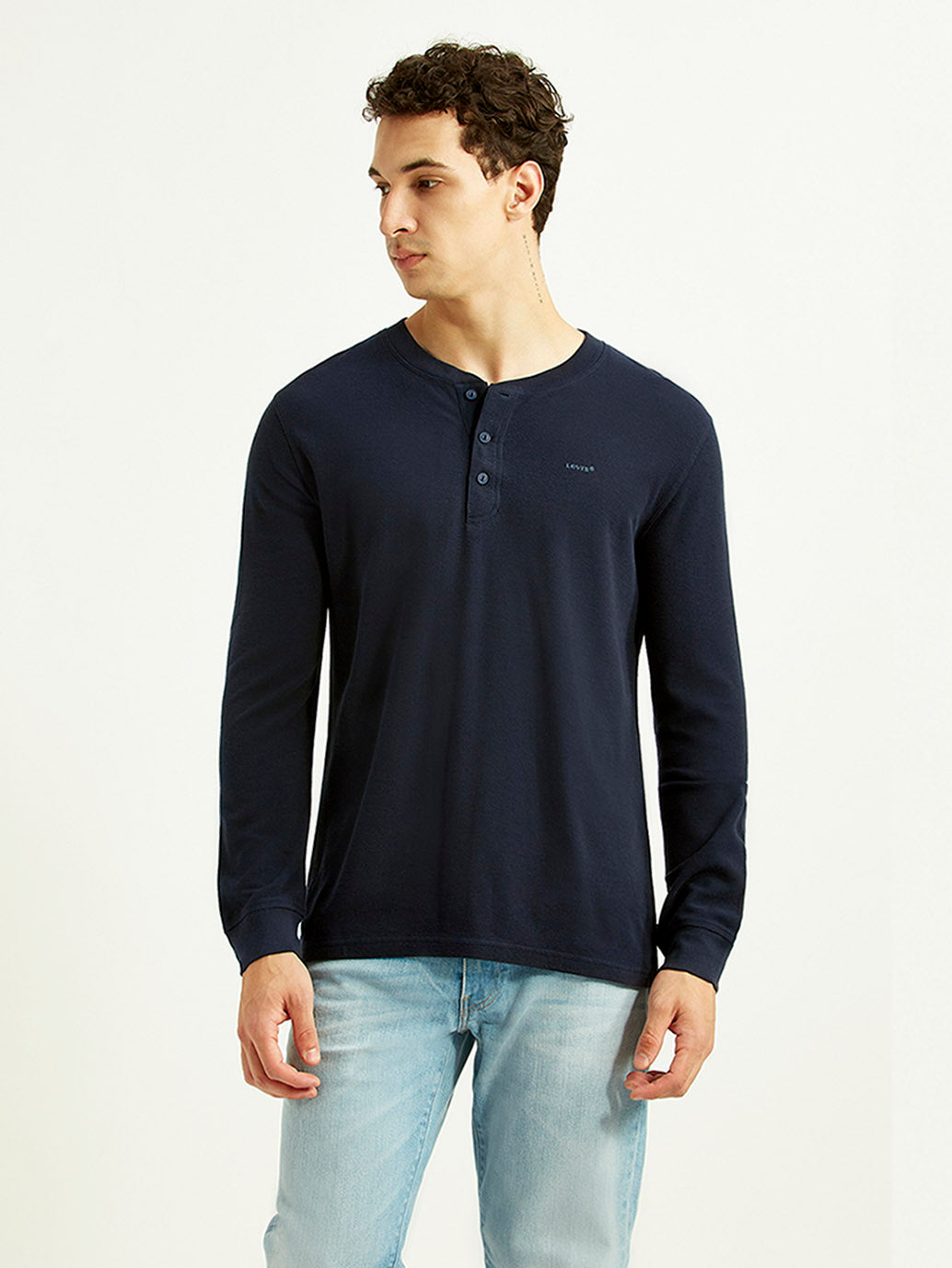 Men's Solid Navy Henley Neck T-shirt - Front View