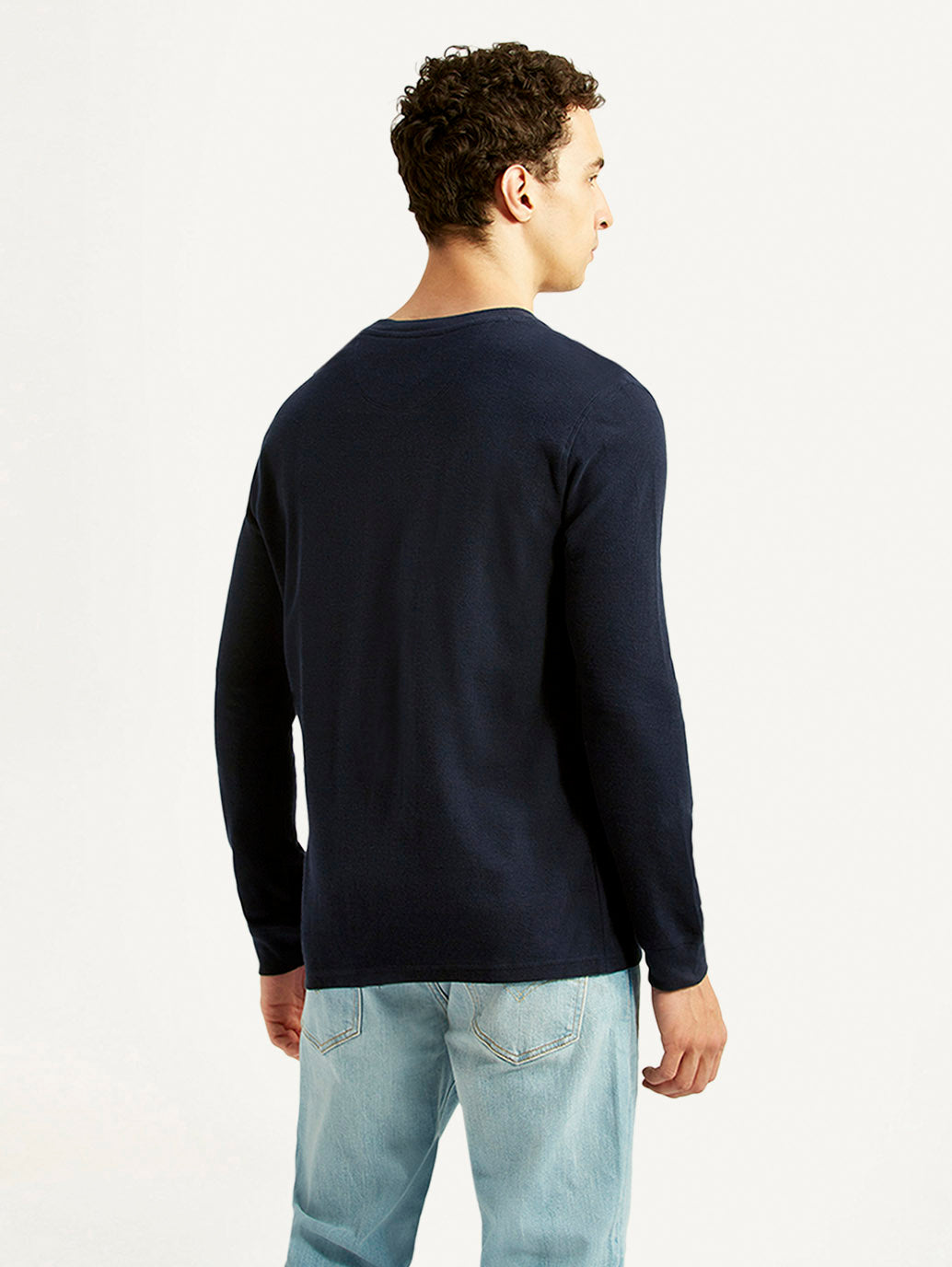 Men's Solid Navy Henley Neck T-shirt - Back View